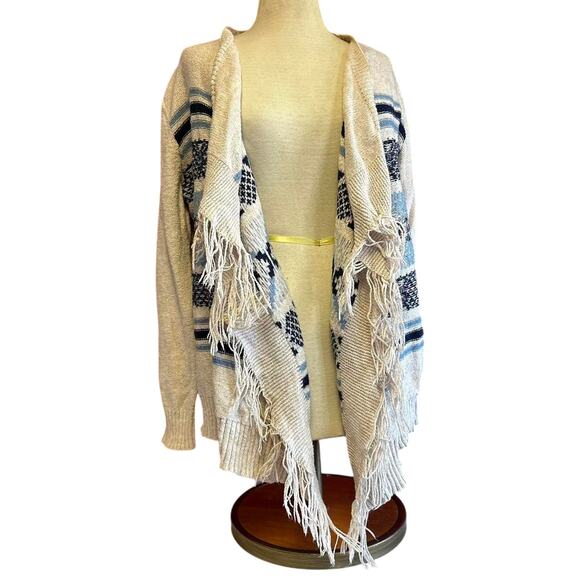 Womens Sweater Size XL Cream Blue Western Boho Cowgirl Fringe Work Sweater - Picture 2 of 8